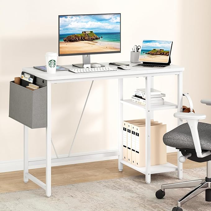 Computer Desk, 39.3” Home Office Desks, Modern Small Desk for Bedroom, Gaming Desk with Iron Hook and Height Adjustable Feet, Sturdy Student Writing Desk with Storage Bag, Storage Shelves - LeafyLoom
