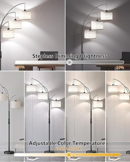 SUNMORY 3 Lights Floor Lamp with Remote Control and 3 Stepless Dimmable Bulbs, 78" Tall Standing Lamp with Hanging Drum Shade & Heavy Base, Modern Arc Floor Lamps for Living Room, Bedroom, Office - LeafyLoom