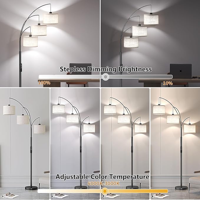 SUNMORY 3 Lights Floor Lamp with Remote Control and 3 Stepless Dimmable Bulbs, 78" Tall Standing Lamp with Hanging Drum Shade & Heavy Base, Modern Arc Floor Lamps for Living Room, Bedroom, Office - LeafyLoom