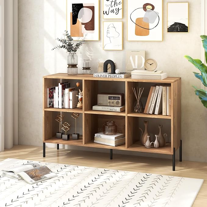 LOKO 6 Cube Bookcase, 3-Tier Floor Open Bookshelf with 5 Metal Legs, Cube Storage Organizer with Adjustable Shelves, Modern Display Shelving for Living Room, Study, Bedroom, Office (natural) - LeafyLoom