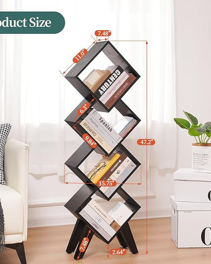 Yoobure Black Bookshelf - Small Book Shelf, 4-Tier Tall Bookcases Book Organizer, Industrial Bookshelves Floor Standing for CDs/Books in Small Spaces, Bedroom, Living Room, Home Office - LeafyLoom