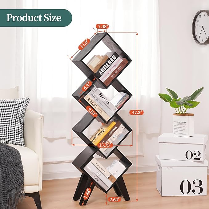 Yoobure Black Bookshelf - Small Book Shelf, 4-Tier Tall Bookcases Book Organizer, Industrial Bookshelves Floor Standing for CDs/Books in Small Spaces, Bedroom, Living Room, Home Office - LeafyLoom
