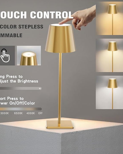 2 Pack Cordless Table lamp, 5200mAh Battery Operated Lamp,3 Color Stepless Dimming Desk Lamp,IP54 Waterproof Outdoor Table Lamps for Restaurant/Bedroom/Bars/Camping/Cafe Night Light (Gold-2) - LeafyLoom