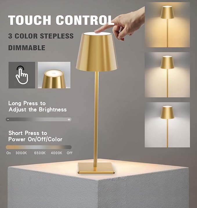 2 Pack Cordless Table lamp, 5200mAh Battery Operated Lamp,3 Color Stepless Dimming Desk Lamp,IP54 Waterproof Outdoor Table Lamps for Restaurant/Bedroom/Bars/Camping/Cafe Night Light (Gold-2) - LeafyLoom