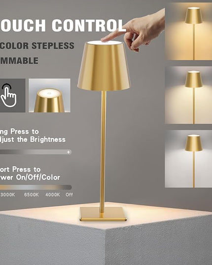 5200mAh Battery Operated Lamp, Cordless Table lamp with 3 Colors Stepless Dimming,IP54 Waterproof Outdoor Lamp for Restaurant/Dinner/Bedroom/Outdoor(Gold-1) - LeafyLoom