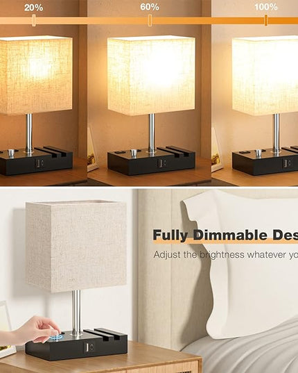 Bedside Lamps for Bedroom Set of 2, Kakanuo Fully Dimmable Small Beige Nightstand Lamps with USB C Ports and 2 Charging Outlets, Wooden Table Lamp with Phone Stands for Living Room, LED Bulbs Included - LeafyLoom