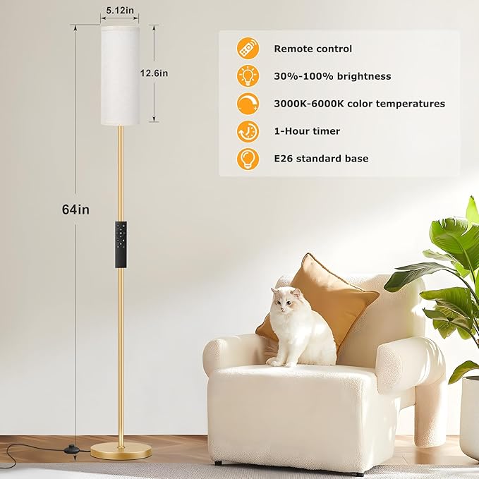 Ambimall 64'' Floor Lamps for Living Room with Remote Control and Stepless Dimmable Colors Temperature & Brightness, 9W Bulb Included(Beige Lampshade & Gold Pole) - LeafyLoom