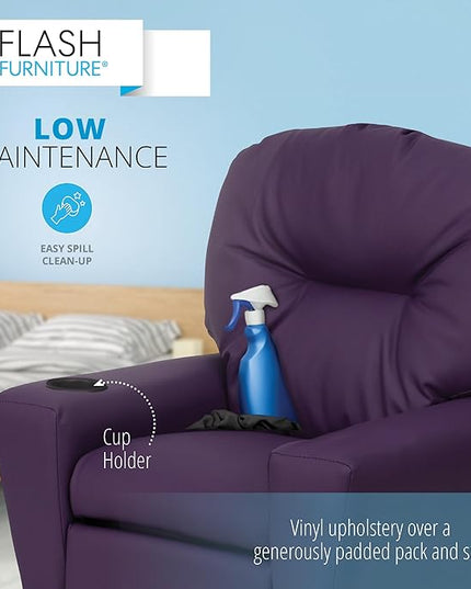 Flash Furniture Chandler Vinyl Kids Recliner with Cup Holder and Safety Recline, Contemporary Reclining Chair for Kids, Supports up to 90 lbs., Purple - LeafyLoom