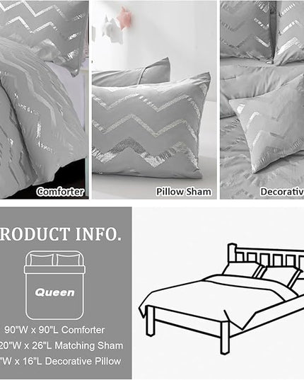 Grey and Silver Comforter Set Queen Metallic Print Geometric Bedding Set, 4 Pieces Lightweight Microfiber Bed Set for Teen Kids Boys (2 Pillow Shams + 1 Decorative Pillow Sham) - LeafyLoom