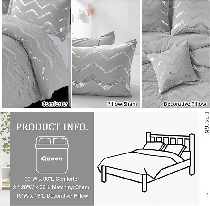 Grey and Silver Comforter Set Queen Metallic Print Geometric Bedding Set, 4 Pieces Lightweight Microfiber Bed Set for Teen Kids Boys (2 Pillow Shams + 1 Decorative Pillow Sham) - LeafyLoom