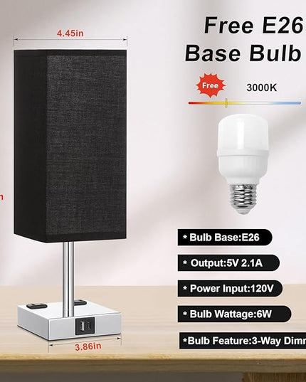 Touch Bedside Table Lamp For Nightstand - 3-Way Dimmable Night Lamp with USB A + Type C Charging Ports and two AC Outlets, Small Desk Light with E26 LED Bulb for Bedroom Living Room Dorm Office,BLACK - LeafyLoom