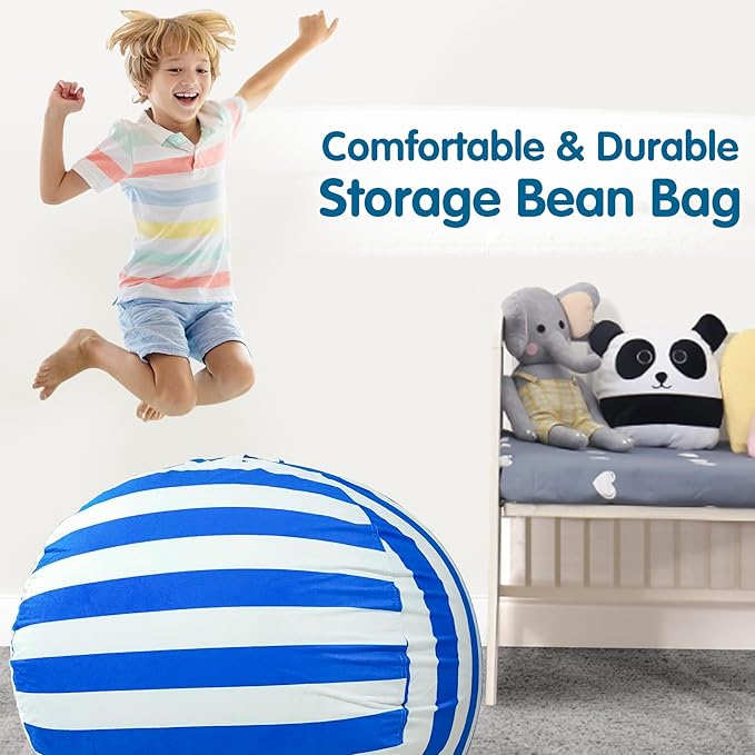 Lukeight Stuffed Animal Storage Bean Bag Chair Cover for Kids, Zipper Beanbag Chair Cover for Organizing Toddler & Kids' Rooms Plush Toys (Blue+White Velvet, Large) - LeafyLoom