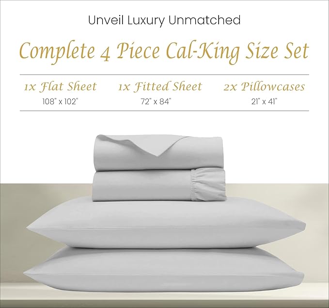 Bluemoon Homes 100% Egyptian Cotton Sheets Cal King Size Sheets Set, 4 Piece Bedding Sheets & Pillowcases Set, Luxury Deep Pocket California King Sheets, Cool Durable Light Grey Sheets - LeafyLoom