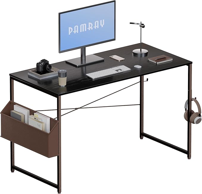 Pamray 47 Inch Computer Desk Small Spaces Desk with Storage Bag for Bedroom Writing and Home Office Work Small Study Desk Table Blcak - LeafyLoom