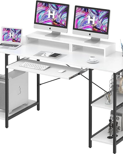 Computer Desk with Keyboard Tray, 55 Inch Music Studio Desk Music Production Desk with Storage Shelves Monitor Stands and 4 Iron Hooks, Desk Workstation Gaming Table for Home Office - LeafyLoom