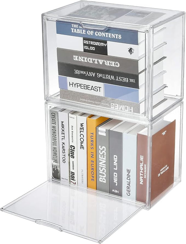 FABROK 2Pcs Clear Book Storage Organizer Box, Plastic Stackable Book Display Case with Magnetic Door, Assemble Storage Showcase for Toy Dolls, Books, Shoes Organizing - LeafyLoom