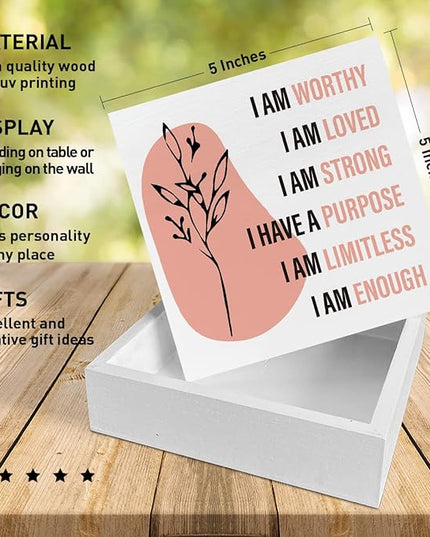 Home Office Desk Wooden Box Sign Decor, I Am Worthy Loved Strong, Inspirational Quotes Desk Decor Motivational Desk Decorations for Women Girls Teens Student Office Classroom School - LeafyLoom