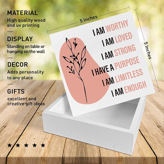 Home Office Desk Wooden Box Sign Decor, I Am Worthy Loved Strong, Inspirational Quotes Desk Decor Motivational Desk Decorations for Women Girls Teens Student Office Classroom School - LeafyLoom
