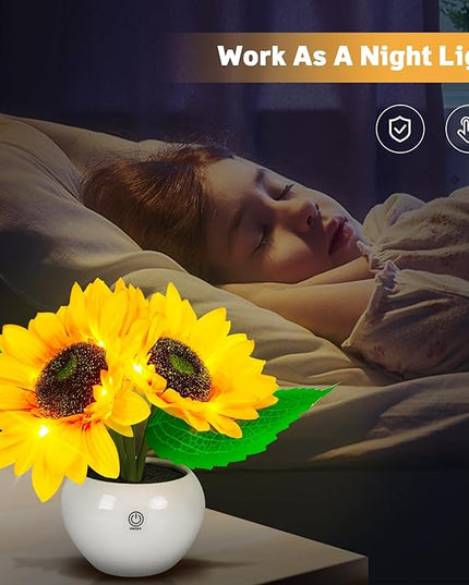Rechargeable Sunflower Table Lamp - LED Artificial Flowers Desktop Lamp Night Light with Porcelain Vase, Cordless Touch Lamp for Bedroom Living Room Desk Decor, Birthday Gift for Her Girl Mom - LeafyLoom