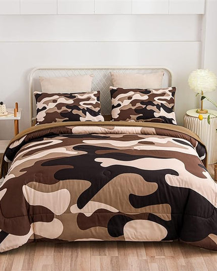 Meeting Story Camouflage Bedding Set, Colorful Pattern Style Comforter Set, 5 PCS One Comforter Two Pillowcases Two Sheets in One Bag, All Season Bedspread for Teens Adults (Coffee, Twin 5Pcs) - LeafyLoom