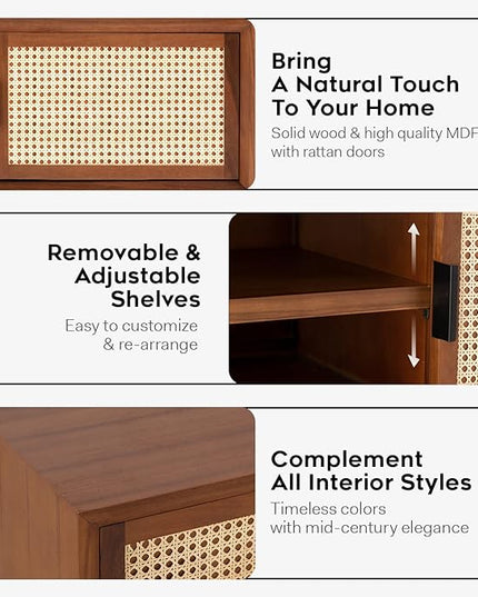 Bme Jasper Premium Solid Wood, 10 Minutes Assembly (Legs Only), Aesthetic Rattan Doors, Mid Century Entertainment Center for Living Room, TV Stand for 65" TV, Dark Chocolate - LeafyLoom