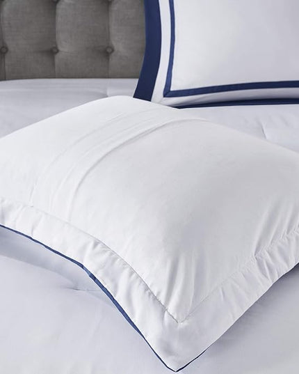 Madison Park Heritage Comforter Quilt Combo Set - Modern Luxury Design, All Season Down Alternative Bedding, Matching Shams, Decorative Pillows, King/Cal King(104"x92"), Color Block Navy 8 Piece - LeafyLoom
