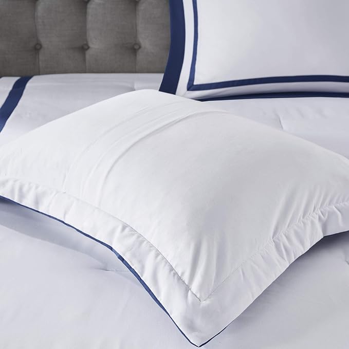Madison Park Heritage Comforter Quilt Combo Set - Modern Luxury Design, All Season Down Alternative Bedding, Matching Shams, Decorative Pillows, King/Cal King(104"x92"), Color Block Navy 8 Piece - LeafyLoom