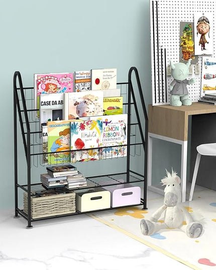 Kids Bookshelf Freestanding for Children Room 32 Inches Large Black Metal Bookcase Large Capacity Books Toys Organizer Stable 5 Tiers Kids Book Rack for Playroom Bookstore Library - LeafyLoom
