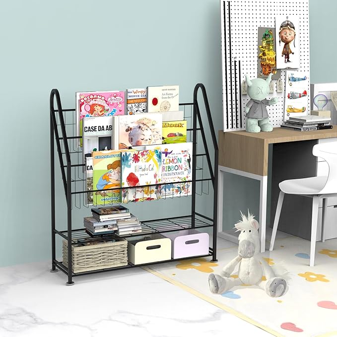 Kids Bookshelf Freestanding for Children Room 32 Inches Large Black Metal Bookcase Large Capacity Books Toys Organizer Stable 5 Tiers Kids Book Rack for Playroom Bookstore Library - LeafyLoom