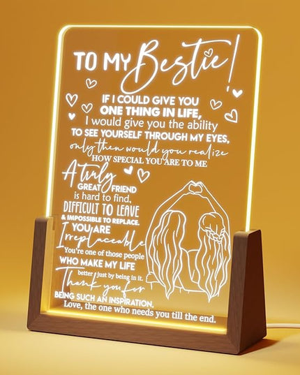 Best Friend Birthday Gifts for Women - Heartwarming Acrylic Plaque with Walnut Night Light - to My Bestie Gifts Unique - Friendship Gifts for Friends Female - LeafyLoom