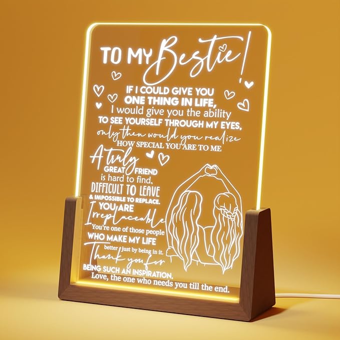 Best Friend Birthday Gifts for Women - Heartwarming Acrylic Plaque with Walnut Night Light - to My Bestie Gifts Unique - Friendship Gifts for Friends Female - LeafyLoom
