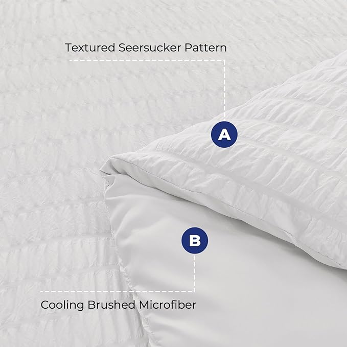 HYMOKEGE Seersucker Queen Comforter Set 3 Pieces, Lightweight Comforter Sets for Bedding, Bed Set with 1 All Season Soft Down Alternative Comforter and 2 Pillow Shams, White - LeafyLoom