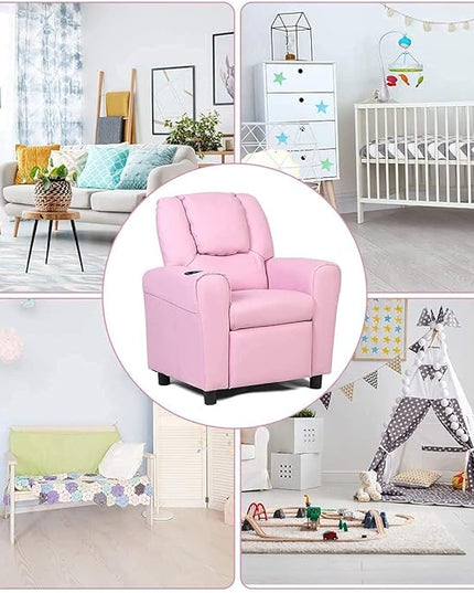 ARLIME Kids Recliner chair, toddler Armchair Upholstered Couch with Cup Holder, Backrest, baby Leather sofa with Headrest and Footrest, Child Furniture for Ages 2-7(Pink) - LeafyLoom