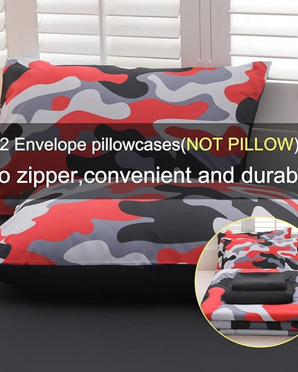 Meeting Story Camouflage Bedding Set, Colorful Pattern Style Comforter Set, 5 PCS One Comforter Two Pillowcases Two Sheets in One Bag, All Season Bedspread for Teens Adults (Red-Black, Full 5Pcs) - LeafyLoom