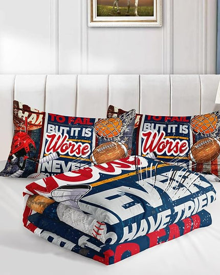 Axolotl Sports Comforter Set Full Size,Sports Theme Comforter Set Football Baseball Bedding Set,Sports Bedding Set 3D Soccer Comforter Set Basketball Bedding for Kids Boys Teens,1 Quilt 2 Pillowcases - LeafyLoom