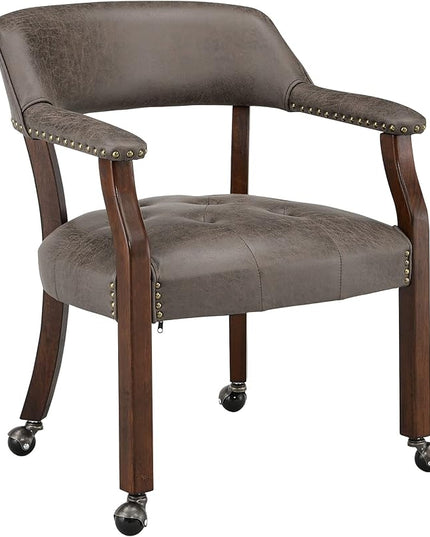 Large Dining Chairs with Casters and Arms, Rolling Dining Chairs with Wheels, Poker Chairs, Solid Wood Office Desk Chairs, 26"D x 25.2"W x 31.5"H, Cherry Legs & Dark Brown Fabric SY-1533-DK - LeafyLoom
