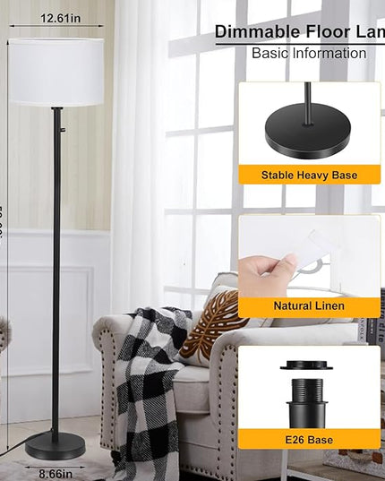 Floor Lamps for Living Room, Stepless Dimmable Standing Lamp, Modern Floor Lamp with Rotary Switch, White Linen Shade, 9W Led Bulb Included(1000LM,2700K), Tall Lamp for Bedroom, Office, Farmhouse - LeafyLoom