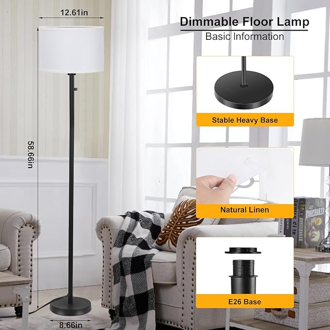 Floor Lamps for Living Room, Stepless Dimmable Standing Lamp, Modern Floor Lamp with Rotary Switch, White Linen Shade, 9W Led Bulb Included(1000LM,2700K), Tall Lamp for Bedroom, Office, Farmhouse - LeafyLoom