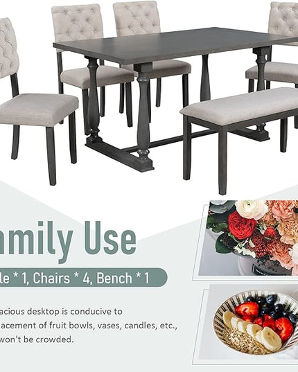 Dining Table Set for 6, 6-Piece Dining Table and Chair Set with Special-Shaped Legs and Foam-Covered Seat Backs & Cushions, Dining Room Table Set for Living Room, Grey+Beige - LeafyLoom