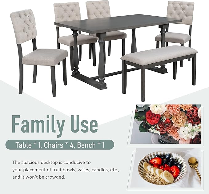 6-Piece Retro Style Dining Table Set with Special-Shaped Legs, 4 Chairs, 1 Bench, Foam-Covered Seat Backs, and Cushions, Gray, Onesize - LeafyLoom