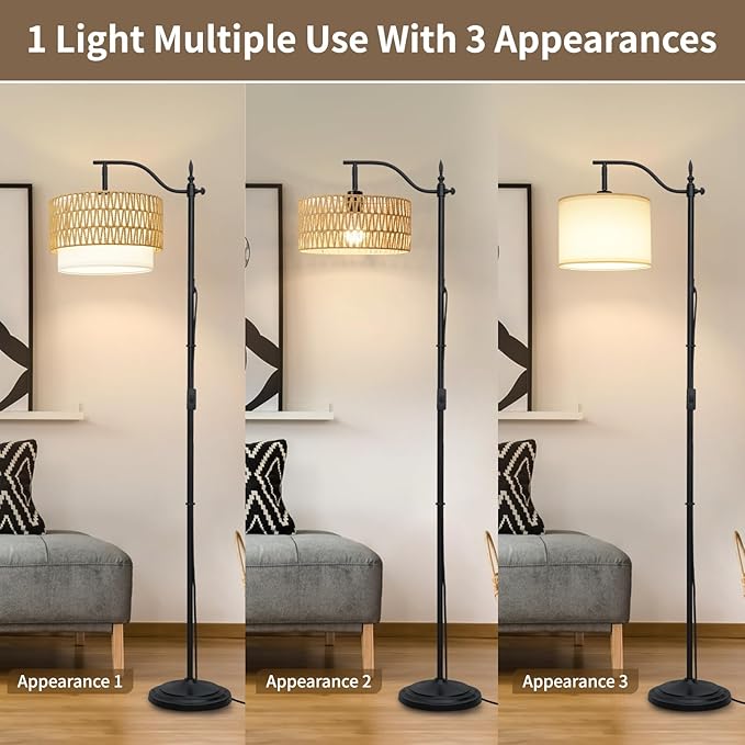 Frideko Rattan Floor Lamp with Remote Control & Dimmable LED Bulb, Boho Standing Lamp with 3 Color Temperatures, Bright Farmhouse Floor Light, Rustic Corner Floor Lamp, Tall Floor Lamp for Living Room - LeafyLoom
