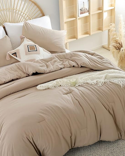 Queen Comforter Set Ultra Soft Microfiber Bed Comforter Set Boho and Luxury 3PC Taupe, with 2Pillowcases Lightweight All Season for Women and Men - LeafyLoom