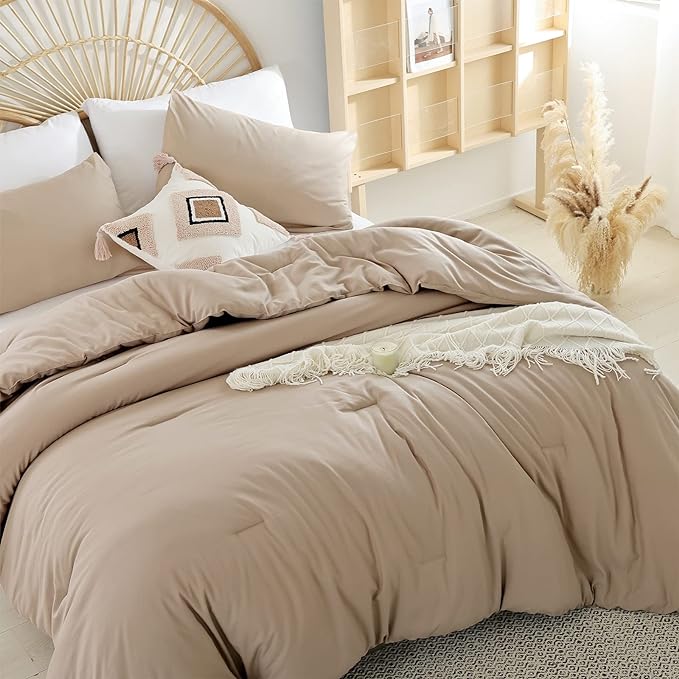 Queen Comforter Set Ultra Soft Microfiber Bed Comforter Set Boho and Luxury 3PC Taupe, with 2Pillowcases Lightweight All Season for Women and Men - LeafyLoom