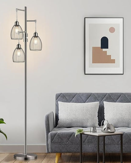 Dimmable Floor Lamp, Industrial Floor Lamps for Living Room, Brushed Nickel Tree Lamp Standing Lamp Tall Lamps with 3 Elegant Teardrop Cage Head & 800 Lumens LED Bulbs for Living Room Bedroom Office - LeafyLoom