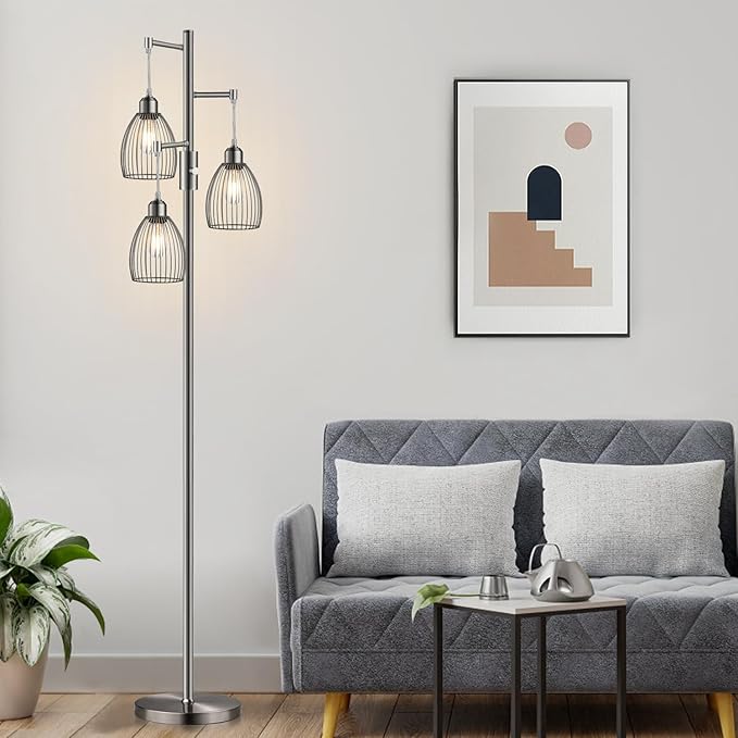 Dimmable Floor Lamp, Industrial Floor Lamps for Living Room, Brushed Nickel Tree Lamp Standing Lamp Tall Lamps with 3 Elegant Teardrop Cage Head & 800 Lumens LED Bulbs for Living Room Bedroom Office - LeafyLoom