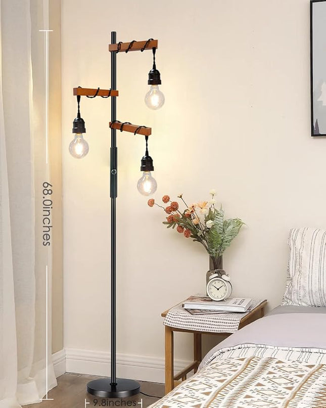 Dimmable Industrial Floor Lamp,Modern Farmhouse Tree Standing Lamp,68 Inch 3-Light Wood Tall Vintage Pole Lamps for Living Room Bedroom Office Rustic Home Decor - LeafyLoom