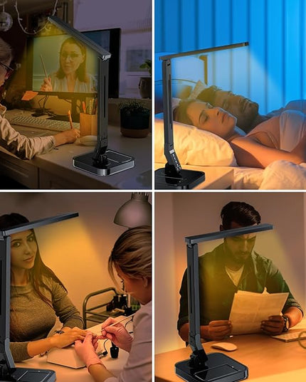 Ambertronix LED Desk Lamp, Patented Vertical Wireless Charger, 14W, 530 Lumens, Table Lamp with USB Charging Port, Dimmable Eye-Caring, 5 Brightness & 4 Light Modes, Touch Control, Auto Timer - LeafyLoom