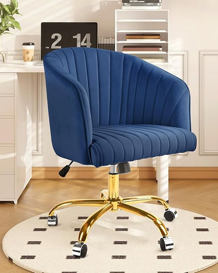 ROWHY Comfy Office Desk Chair, Velvet Swivel Desk Chairs with Wheels, Modern Office Computer Chair with Gold Base, Adjustable Wide Vanity Rolling Chair for Bedroom, Study, Navy Blue - LeafyLoom