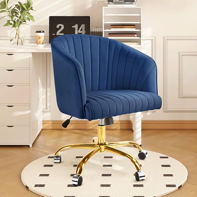 ROWHY Comfy Office Desk Chair, Velvet Swivel Desk Chairs with Wheels, Modern Office Computer Chair with Gold Base, Adjustable Wide Vanity Rolling Chair for Bedroom, Study, Navy Blue - LeafyLoom