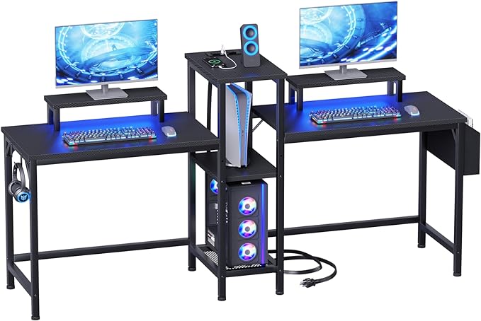 Furologee 2 Person Gaming Desk with LED Lights, 71 Inch Computer Desk with Power Outlets and Monitor Stand, Double Desk with Storage Bag and Headphone Hooks, Study Writing Table for Home Office, Black - LeafyLoom